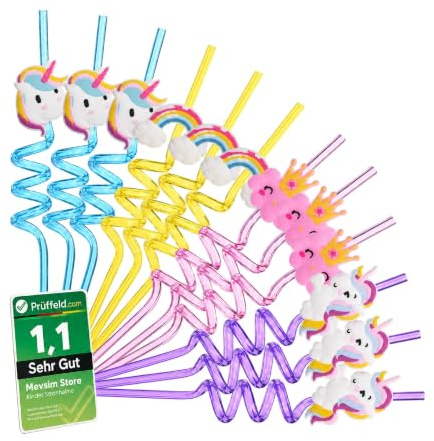 Unicorn Plastic Straws Reusable – 12 Pcs Colourful Curly Drinking Straws for Kids, Fun Bendy Cartoon Straws for Birthday Parties, Juice, Milkshakes, School Lunches & Everyday Drinks