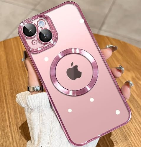 vomubao Cover per iPhone 15 Magnetica Custodia Compatibile con MagSafe, Anti-Scratch Trasparente Custodia Telefono Magnetico per iPhone 15 con Protezione Fotocamera-Rosa