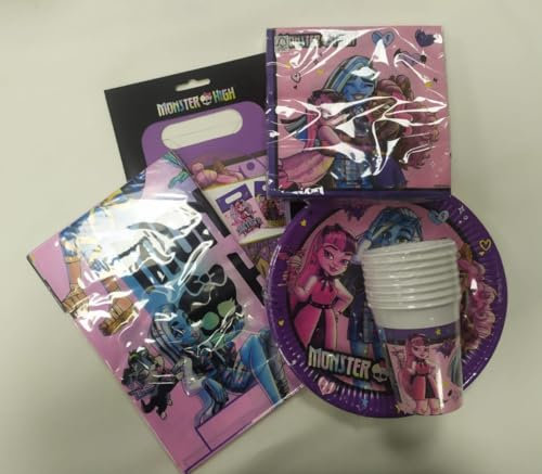 Lote de Vajilla Juvenil Monster High (40 Vasos, 40 Platos, 40 Servilletas, 2 Manteles y 40 Bolsas) .Detalles y Decoración para Fiestas de Cumpleaños, Halloween, Bodas, Bautizos, Comuniones. AB