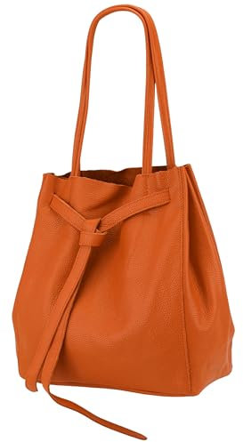 SH Leder ® Damen Echt Rindleder Shopper mit schleife und Innentasche in vielen Farben Schultertasche Henkeltasche 29x33cm Sandra G535 (Orange)