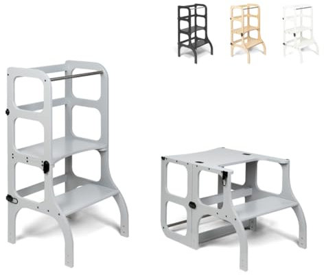 Ette Tete STEP'n'SIT® • Wandelbare Montessori Lernturm + Tisch, 2 in 1 (grau, mit schwarzen Verschlüssen)