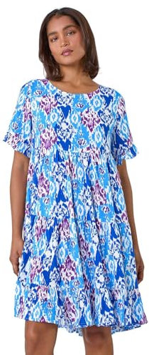 Roman Smock Dress for Women UK Ladies Swing A Line Tiered Pocket Slouch Summer Spring Everyday Evening Work Holiday Short Sleeve Smart Casual Beach Lightweight Shift - Blue Teal - Size 10