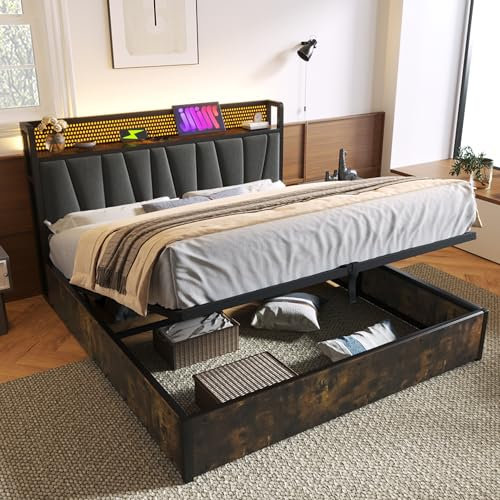 Polsterbett 140x200, Doppelbett mit Stauraum und Lattenrost, LED Kopfteil mit USB Ladefunktion, Hydraulisch Stauraumbett Funktionsbetten Rückenlehne Bettgestell, Leinen, ohne Matratze, Dunkelgrau