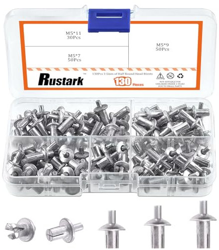 Rustark 130Pcs M5x7mm/9mm/10mm Aluminum Core Rivets with Round Head Assortment Kit, Hammer Drive Aluminum Rivets Knock Type Expansion Half Round Head Core Rivets for Mechanical Electronic Equipment