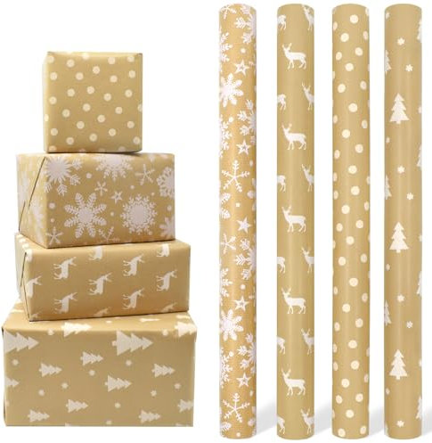 4 Rollen Geschenkpapier aus Kraftpapier, 43 cm x 3 m, recyceltes Weihnachtsgeschenkpapier, geeignet für Weihnachten, Geburtstage, Partys, Halloween, Babypartys, festliche Dekorationen