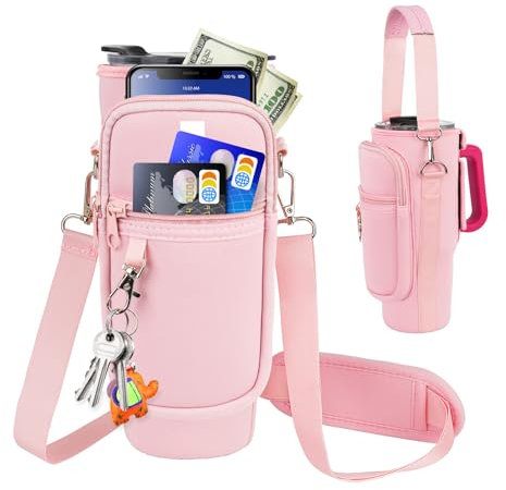 LEFOR·Z - Water Bottle Carrier Bag with Phone Pocket Compatible with Stanley/Meoky 40oz Tumbler with Handle, Water Bottle Holder Pouch with Adjustable Strap Compatible with, Pink-30oz, 30 OZ, Sporty