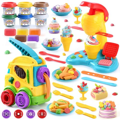 PLAY 2 in 1 Color Dough Kitchen Creations Set, Ice Cream Noodle Maker Playdough Sets for Kids Ages 4-8, Art Crafts Food Toys Gifts for Boys Girls Kids Toddlers Ages 3+, with 18 oz Colors Dough
