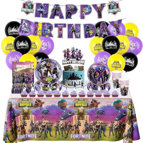 80PCS Ensemble Vaisselle Fête Kit Fortnit-e, Decoration Anniversaire avec Assiette Nappe Ballon Bannière d'Anniversaire, Kit de Fête Anniversaire pour 10 Invités