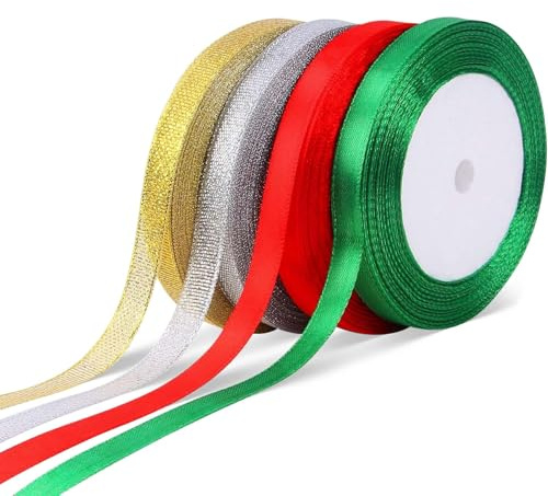 Augshy 4 Rouleaux de Ruban de Noël, 1cm de Large 100 Yards Vert et Rouge pour Emballage Cadeaux et Projets DIY