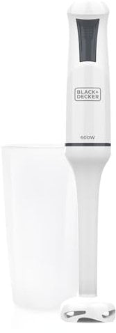 Black+Decker - Frullatore a Immersione BXHB500E 600W | Design Compatto ed Ergonomico | Piede Smontabile in Plastica | Antischizzi | Bicchiere Dosatore Incluso | Plastica | Bianco