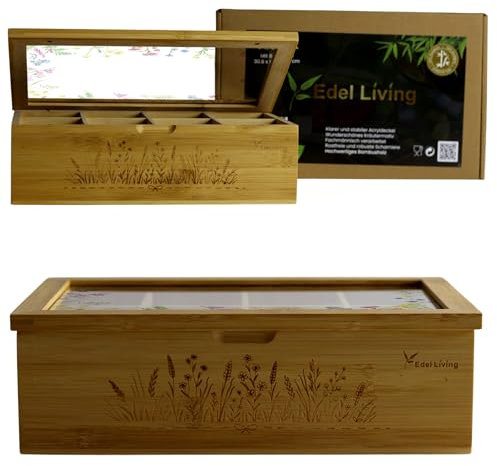 Edel Living Premium Teebox mit 8 Fächern, Acrylglasfenster, Kräutergravur & Magnetverschluss - vielseitig verwendbar für Teebeutel, Kaffeekapseln & mehr (Transparentem Wiesenwildblumen)
