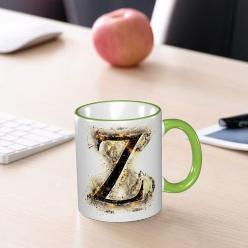 YOIUE Tasse aus Keramik - Große 11oz Tassen 330ml Kaffeetassen mit Henkel, 100% Handbemalt - Trinkgläser mit Griff - Weiß,Buchstabe Z, Alphabet-Zeichen Großbuchstabe Z in Burning Medieval Goth