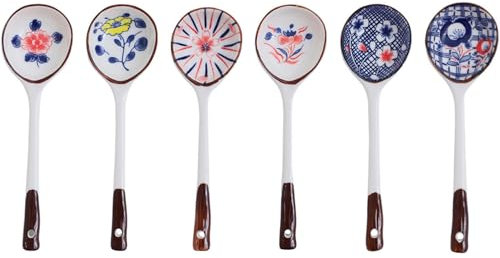 6Pcs Soup Spoons,Ceramic Spoons,Chinese Soup Long Handle Spoon Japanese Style Small Soup Spoon Creative Porcelain Asian Soup Spoons for Ramen Pho Cereal Wonton Dumpling Miso