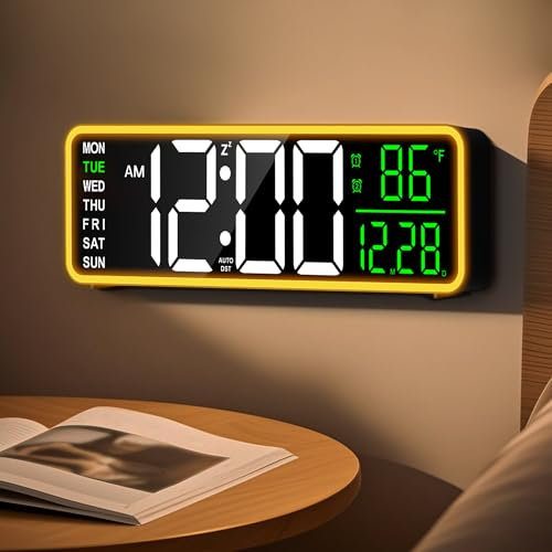 Mee 2ou 9 Zoll Digitaler Wecker Wanduhr mit Nachtlicht, Dual-Alarm, Snooze und dimmbarer Helligkeit, Temperaturanzeige, 12/24H, Timer, Netzbetrieb mit Batteriepuffer