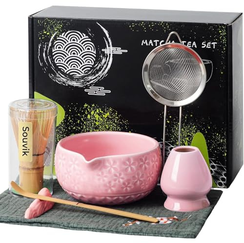 Souvik Matcha Set 7 Pezzi – Kit Accessori Cerimonia del Tè Matcha, Matcha Polvere Kit con Ciotola Giapponese, Frusta in Bambù, Canovaccio, Regalo Perfetto per Amanti del Tè (Rosa)