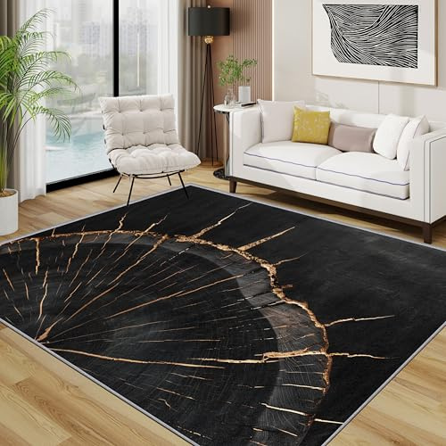 TerroVee Baumstamm Teppich Wohnzimmer 200x300 cm,Modern Holz Minimalistisch Teppiche Waschbar Für Schlafzimmer,Schwarz Gold Einfach Waschbar rutschfest Weich Groß Esszimmer, Schwarz Gold