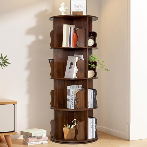 Drehbares Bücherregal 360° Drehregal Standregal, Bücherschrank Massivholz mit 4 Ebenen 16 Fächer Regal, Büroregal Dekoregal Aufbewahrungsregal für Wohnzimmer Schlafzimmer Büro, Vintagebraun