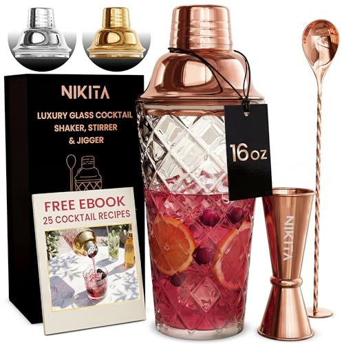 Roségoldenes Cocktail-Shaker-Glas-Set – Glas-Cocktail-Shaker-Set mit Sieb – 5 Stück – 450 ml – passender Messbecher und Barlöffel mit Stößel – Martini-Getränke-Shaker – Luxus-Geschenkbox