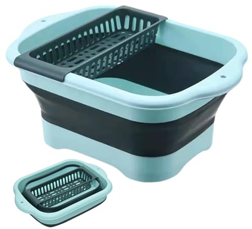 Collapsible Dish Basin with Drain Plug & Drain Basket Large Collapsible Sink Portable Vegetable Washing Basket for Home Kitchen Green