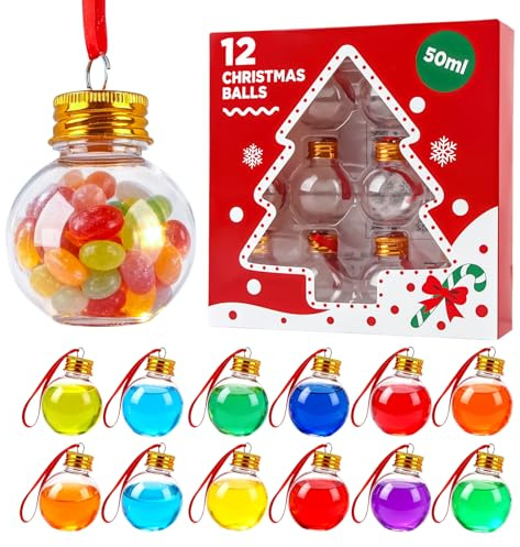 12 Weihnachtskugeln zum Befüllen, Transparent, 50 ml, Rund | Transparente Tannenbaumkugeln aus Kunststoff mit Schneeflocken-Stickern, befüllbar mit Getränken oder Süßigkeiten