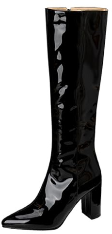 MiaZane Stivali Donna al Ginocchio in Pelle Verniciata Stivali Gogo Tacco Largo Zip Laterale Punta Tacco Alto Elegante retrò per Autunno & Inverno Uscita Serale,Nero,40 EU