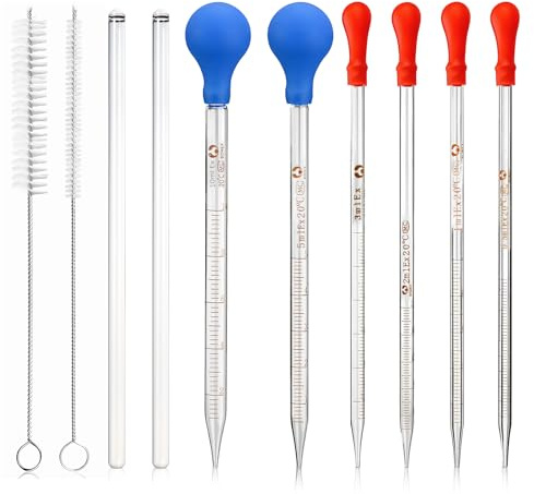 8 Stück Transfer Pipette 0.5ml 1ml 2ml 3ml 5ml 10ml,Glas Pipetten | Glaspipette mit Bürsten,Glas Pipette Dropper,Measuring Pipettierer,Tropfpipette für Labor Lebensmittel Forschung Medizin