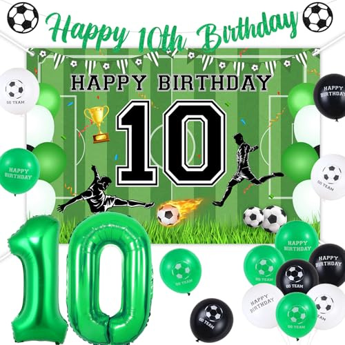 Funmemoir Football 10th Birthday Decorations - Happy 10th Birthday Backdrop, Banner, 10 Foil Number Balloon, Printing Balloons for Boys Football Fans 10 Year Old Party Decorations