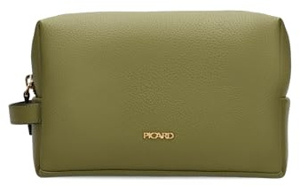 PICARD Kulturbeutel Java R259 Olive | Kulturtasche aus hochwertigem Rindsleder | Übersichtliche Organisation durch Steckfächer | Weites Öffnen durch umlaufenden Reißverschluss | Goldende Details