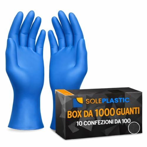 SOLEPLASTIC 1000 Guanti Nitrile Blu (TAGLIA S) - 10 Confezioni da 100 - Senza Lattice e Senza Polvere, Guanti Monouso Idonei per Alimenti, Uso Medico, Cucina, Tattoo e Non Solo