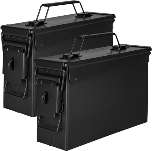 Trucky Munitionsbox Ammo Box Metallkiste Munitionskiste Metallbox | Set 2x 28x10x18 cm, Schwarz, Aufbewahrungsbox mit Deckel, Army, Metall