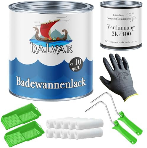 Halvar 2K Badewannenlack im Set - Badewannenbeschichtung inkl. Farbroller, Handschuhe & Entfetter - Badewanne streichen mit Emaille Lack (1 L, Beige)