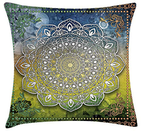 ABAKUHAUS Ethnisch Kissenbezug, Mandala Boho, Kissenbezug Beidseitiges Muster Klarer Digitaldruck Farbfest mit Reißverschluss, 50 x 50 cm, Grün Weiß