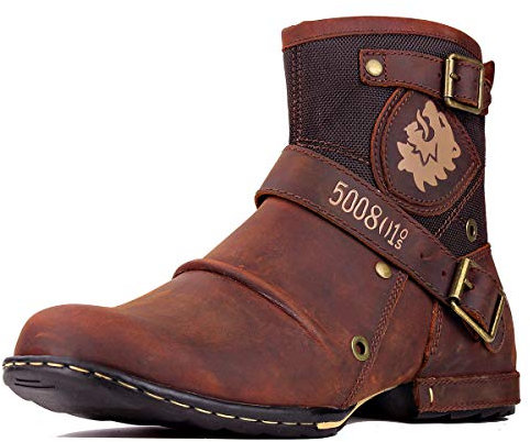 OSSTONE Chukka Stivali Cowboy Biker Boots Maschio Mens motociclo Botas cerniera su in Pelle Vitello Western retrò stile Uomo Stivali Piatto Caviglia Stivaletti Boots 5008-1-A-IT rosso marrone 10.5