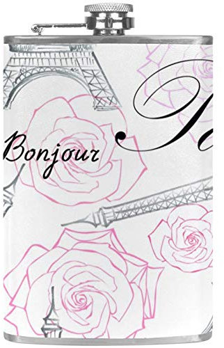 Leather Pocket Flagon Whiskey Flask with Handsel Funnel for Camping Fishing BBQ Party Bar Drinkers Wine Bottle Paris Eiffel Tower with Lady Dress
