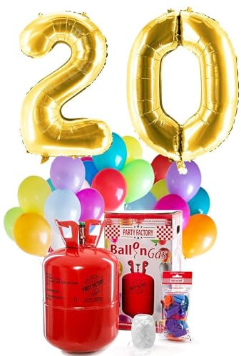 PARTY FACTORY Helium Geburtstags-Komplettset 20 - mit XXL Zahlenballons, 0,4m³ Ballongas, Ballonschnur & 30 bunten Latexballons - für Geburtstag, Jubiläum, Jahrestag in verschiedenen Farben (Gold)