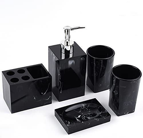 YIYIDA YIYIDA Badezimmer-Accessoires, 5-teilig, Kunstharz, Marmoroptik, mit Seifenspender, Zahnputzbecher, Seifenschale, Zahnbürstenhalter, luxuriöses Badezimmer-Set, Weiß, Schwarz, B