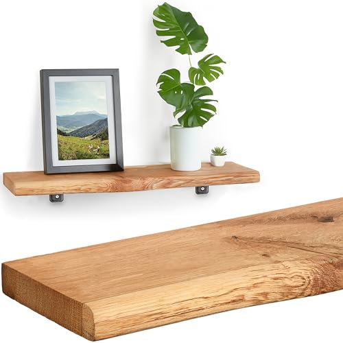 Villanord® Wandregal Eiche (70cm) | Massiv-Holz mit Baumkante | Rustikal mit Baumkante | Wandboard Regalbrett