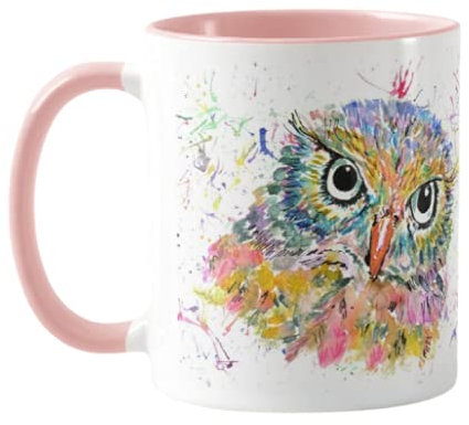 Vixar Owl Watercolour Rainbow Art Coloured Mug Cup, Gift, Birthday, Work, Office, Christmas Tea Coffee (Pink)