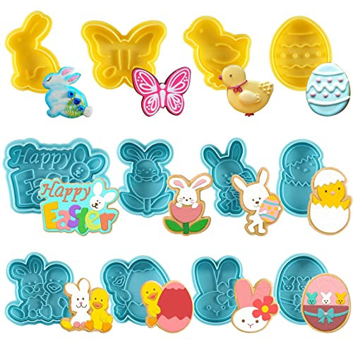 Set di 12 formine per biscotti pasquali, 3D stantuffo, stampi per biscotti con coniglietto, farfalla, pulcino, uovo di Pasqua per stampi a tema primavera