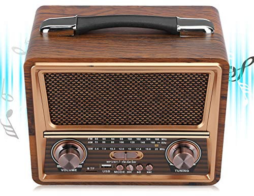 Radio Portátil FM/AM/SW, Radio Profesional de 3 Bandas con Altavoz Bluetooth, Disco U Y Tarjeta de Memoria, Batería Recargable de 1200 Mah, Radio de Madera con Cable de Carga(Enchufe de la UE)