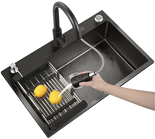 Fregaderos De Cocina Negro con Grifo Extraíble Acero Inoxidable 304 Barra Incluye Rejilla De Drenaje Y Accesorios (Color : Black, S : 60x45x20cm)