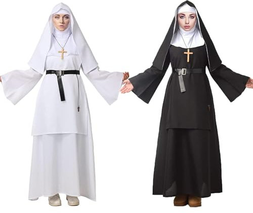 BPURB Nonnen Kostüm für Damen Erwachsene Deluxe Line Nonnen Kostüme Halloween Cosplay Sister Act Kleidung Zubehör für Motto-Party Karneval (Kleid, Gürtel, Kopfbedeckung, Kreuz) (Weiß, S)
