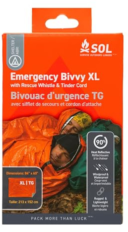 S.O.L. Survive Outdoors Longer SOL Emergency Bivvy XL w/Rescue Whistle - Reflects up to 90% Body Heat - Waterproof Emergency Blanket for Survival Gear - 84 x 60 - 5.8 oz - Orange