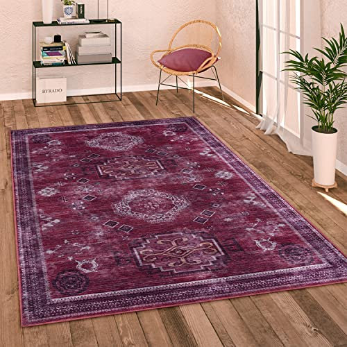 Paco Home Waschbarer Teppich Wohnzimmer Schlafzimmer Vintage Modern Orientalisch Ornament Flachgewebe Bordüre, Grösse:160 cm Rund, Farbe:Rot