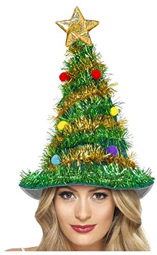 MIMIKRY Lustiger Weihnachtsbaum Hut Grün/Gold Lametta Kugeln Stern Weihnachtsmarkt Weihnachten Kostüm-Zubehör