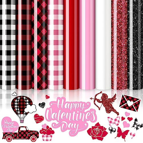 Valentine's Day Heat Transfer Vinyl Pink White Plaid HTV Red Black Checkered Iron on Vinyl Glitter Adhesive Craft Vinyl for Mother's Day Anniversary DIY Fabric Craft, 9 Sheet, 9.6 x 11.8