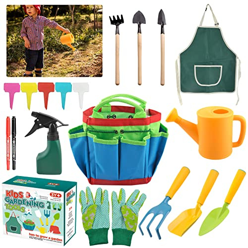 23 Pezzi Set da Giardinaggio per Bambini con Annaffiatoio, Pala, Rastrello, Vanga, Guanti, Grembiule e Attrezzi