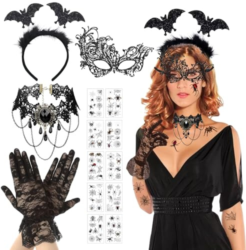 Seasboes Halloween Kostüm Damen, Fledermaus Haarreif, Choker Zubehör Vintage, Lace Venezianische Masken, Spitze Handschuhe, Gothic Halskette Set für Halloween Maskenball
