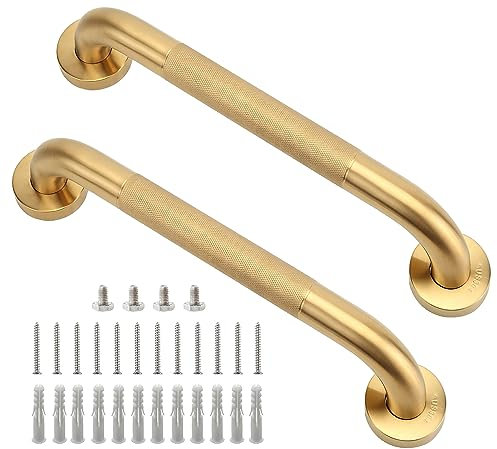 Rackickyer Shower Grab Bar, 2 Pack 12 Inch Gold Bathroom Grab Bar, 1.25 Diameter 304 Stainless Steel Anti-Slip Grab Bars for Bathtubs and Showers, Handicap Shower Grab Bar for Seniors Elderly