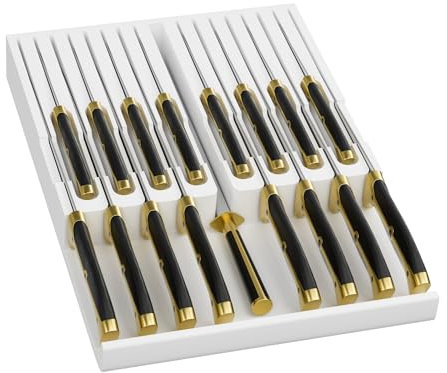 Domax Bamboo In-drawer Knife Block - Knife Drawer Organizer Insert Large Handle Steak Knife Holder, Kitchen Drawer Knife Organizer Fits for 16 knives and 1 Sharpening Steel (Not Included), White